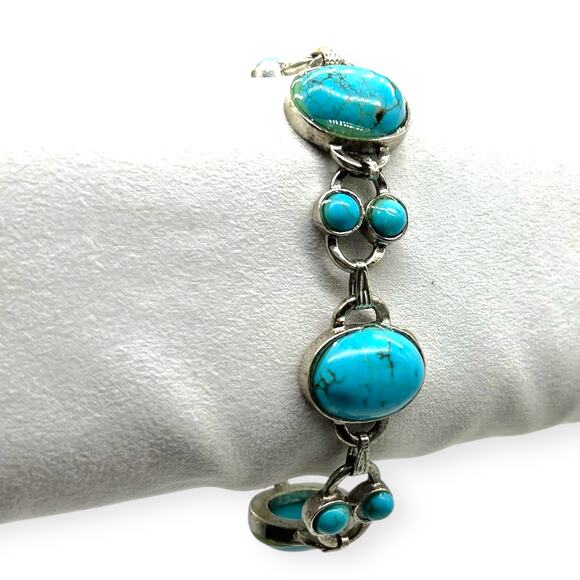Bohemian Silver Bracelet Turquoise Blue Round Shape Semi Precious Stone Howlite - Picture 6 of 14